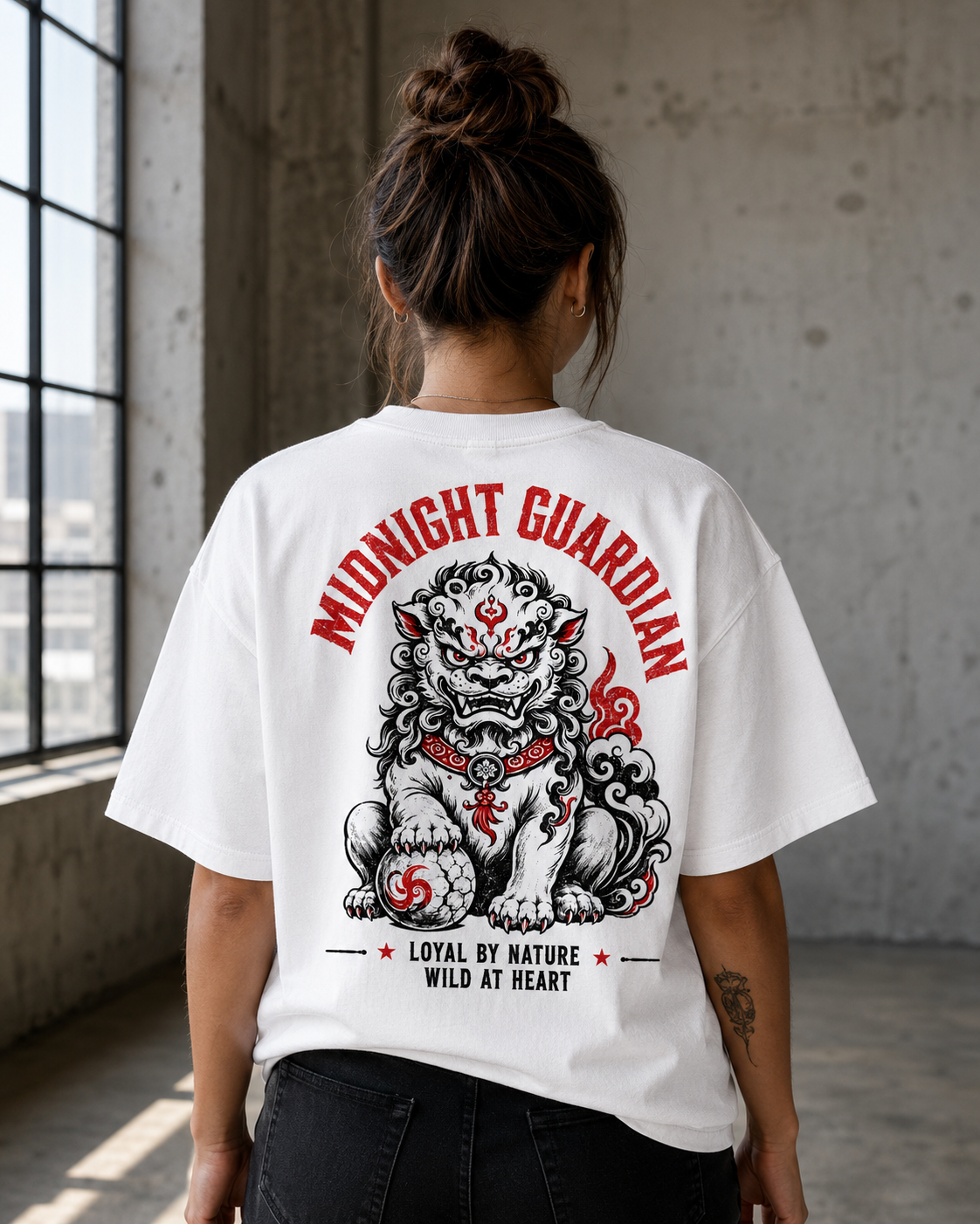 Midnight Guardian Japanese lion graphic t-shirt - lifestyle photo, back view
