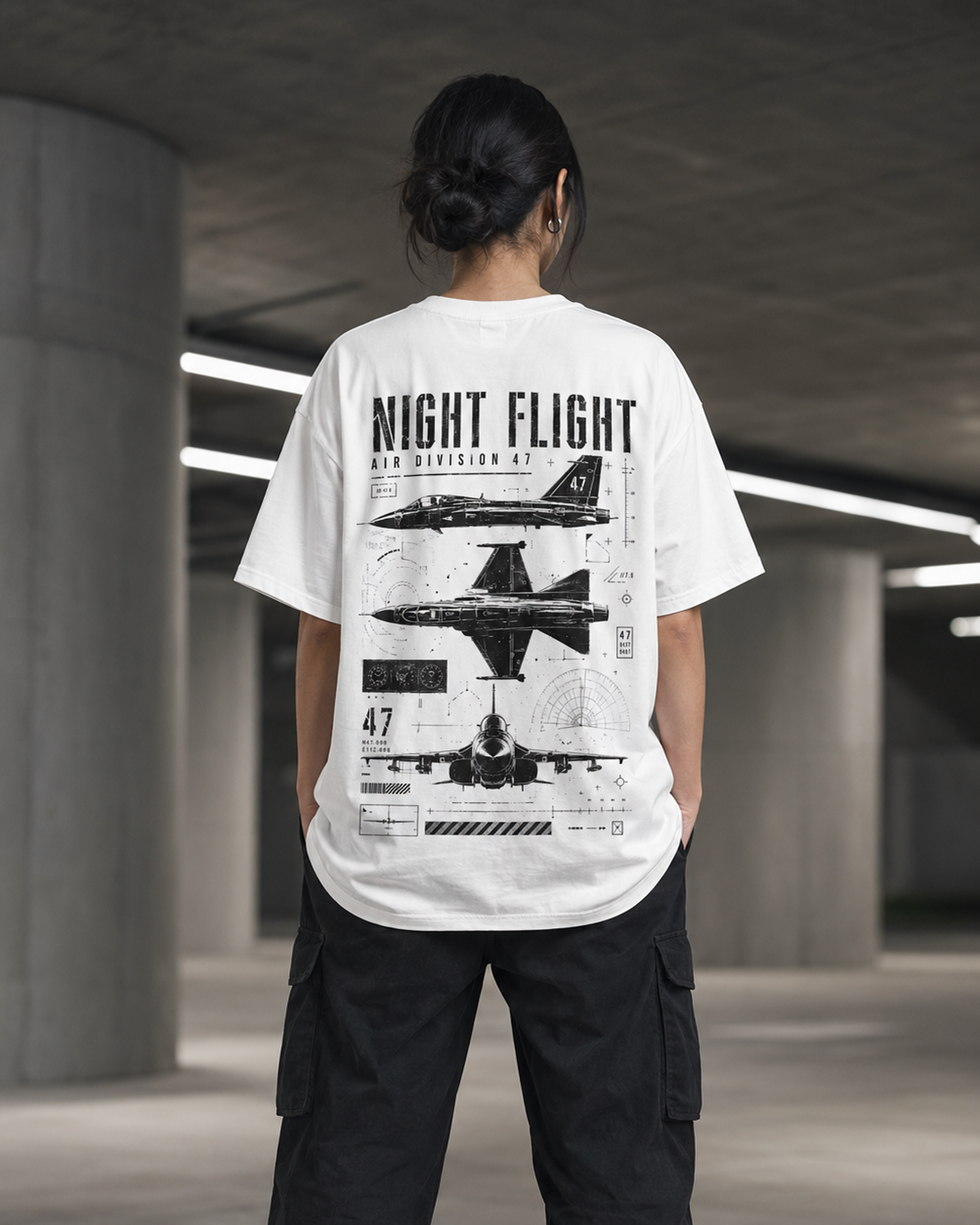 Night Flight jet graphic t-shirt - back print view