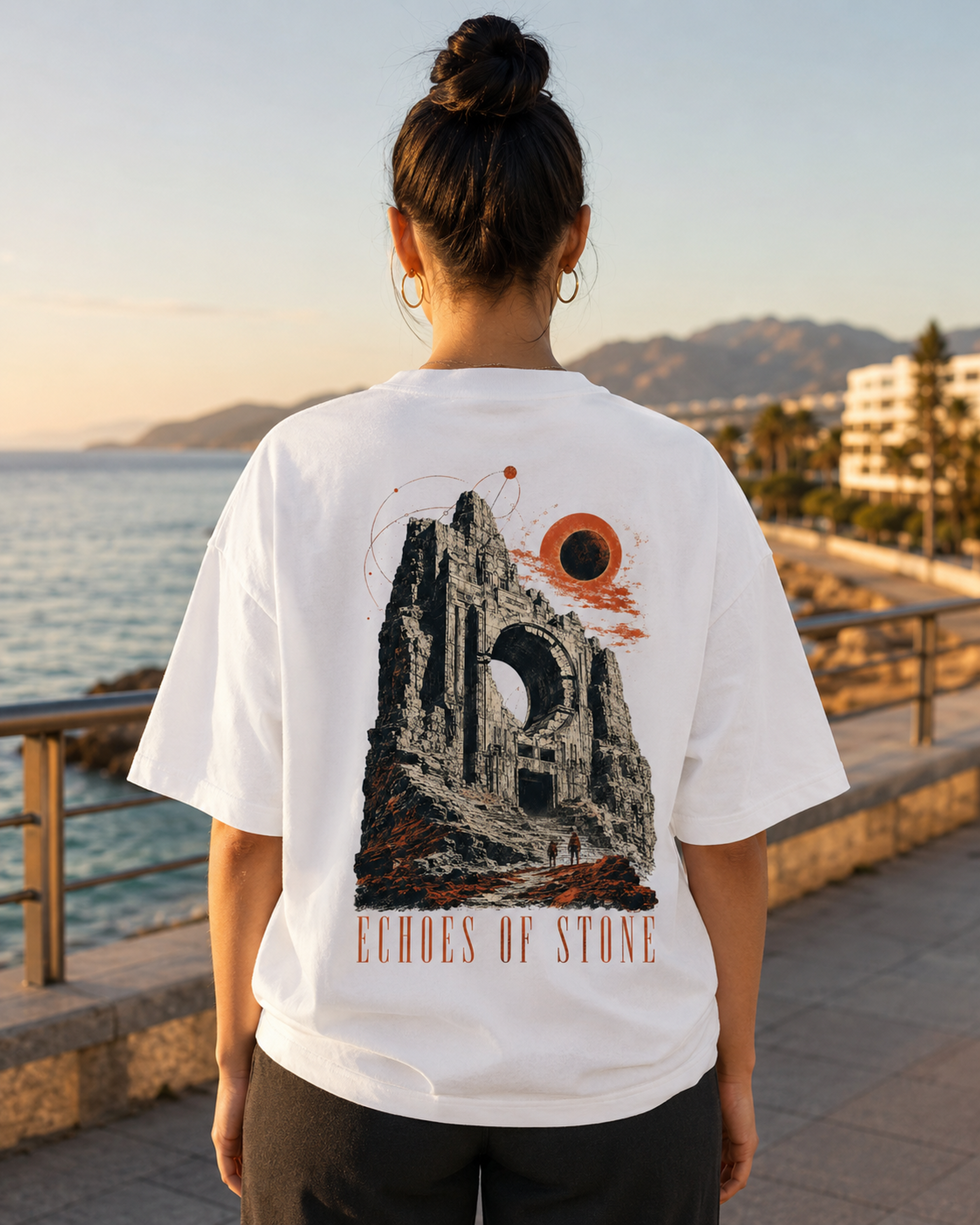 Vintage Ruins Graphic T-Shirt – Echoes of Stone Eclipse Back Print Tee