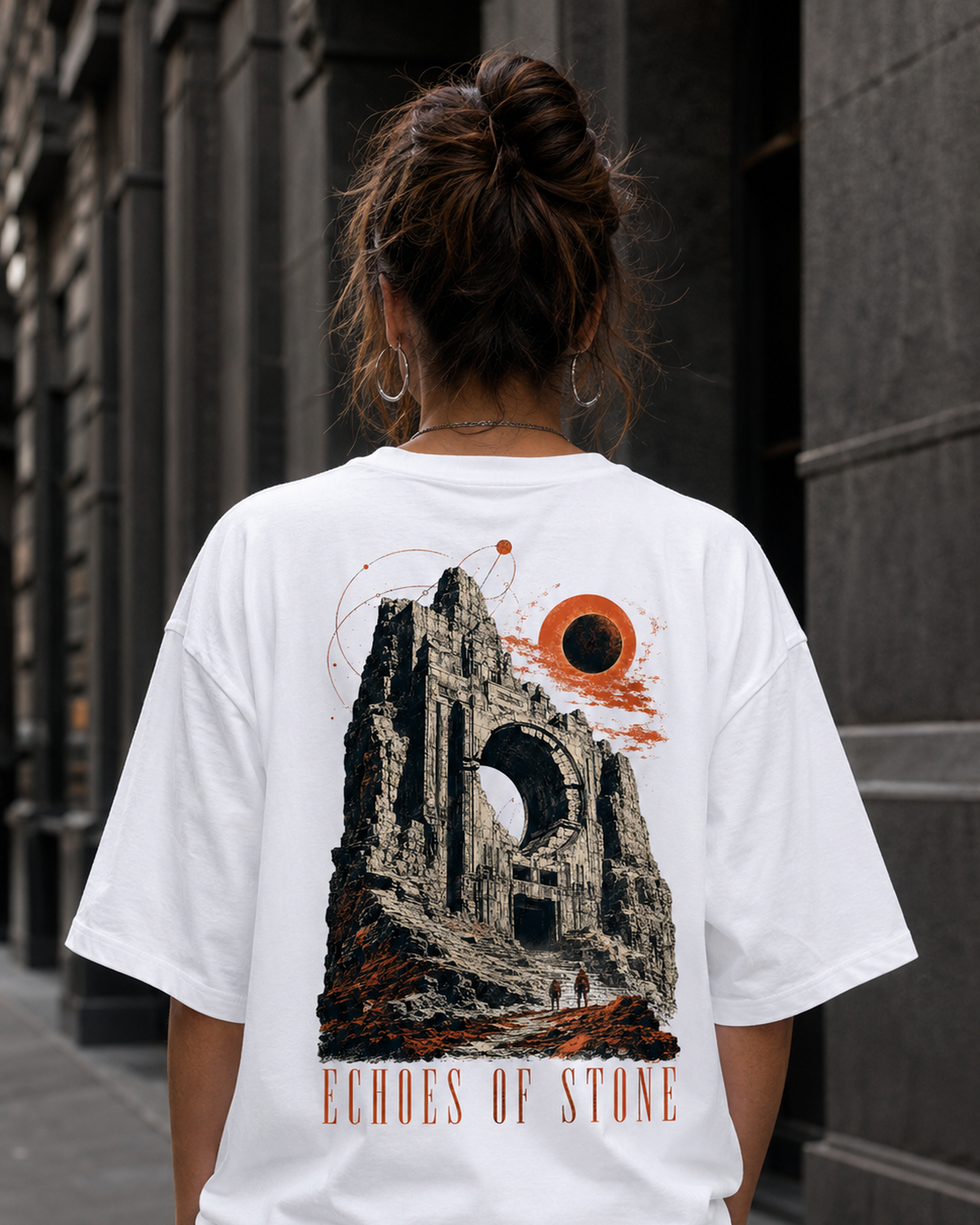 Vintage Ruins Graphic T-Shirt – Echoes of Stone Eclipse Back Print Tee