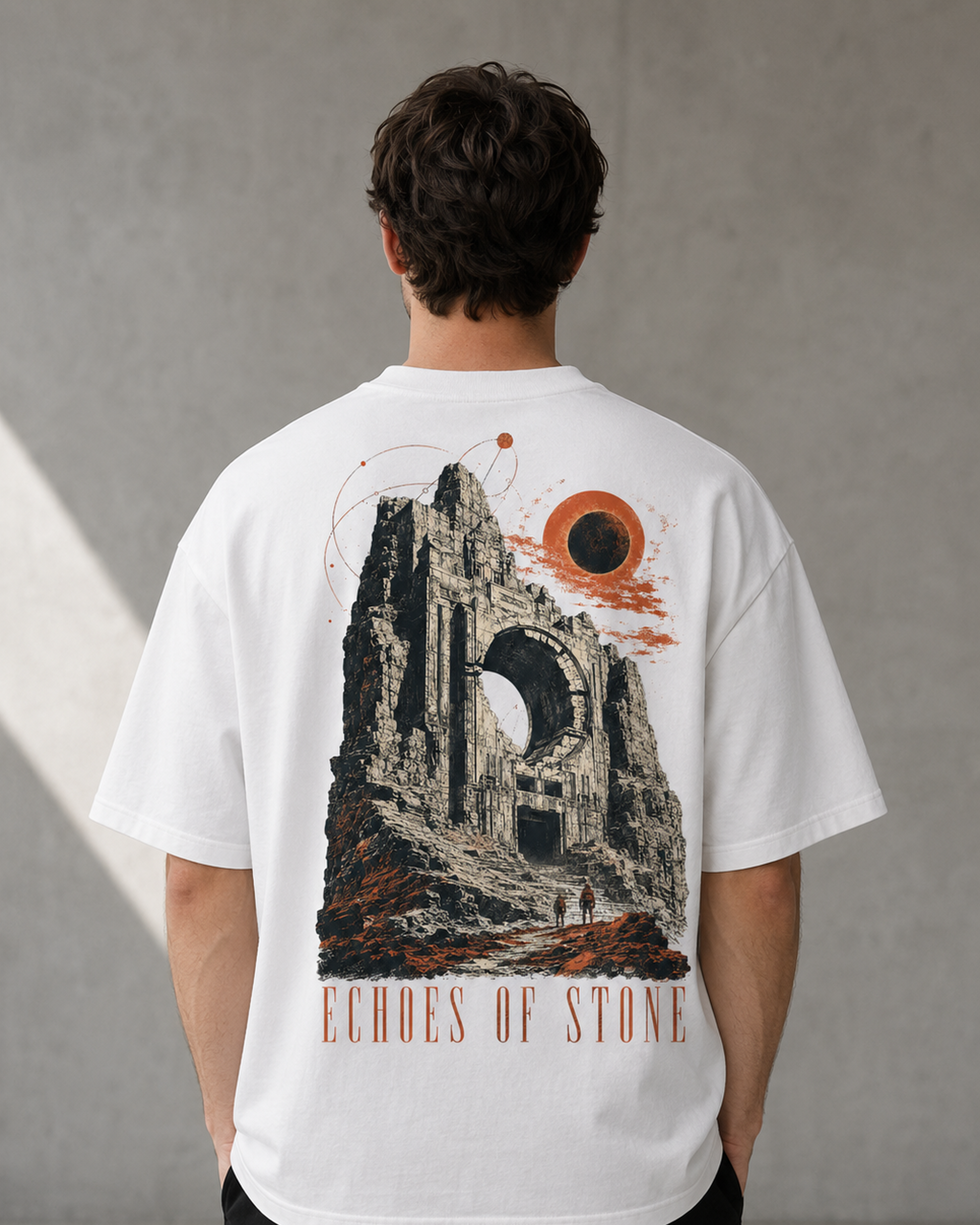 Vintage Ruins Graphic T-Shirt – Echoes of Stone Eclipse Back Print Tee