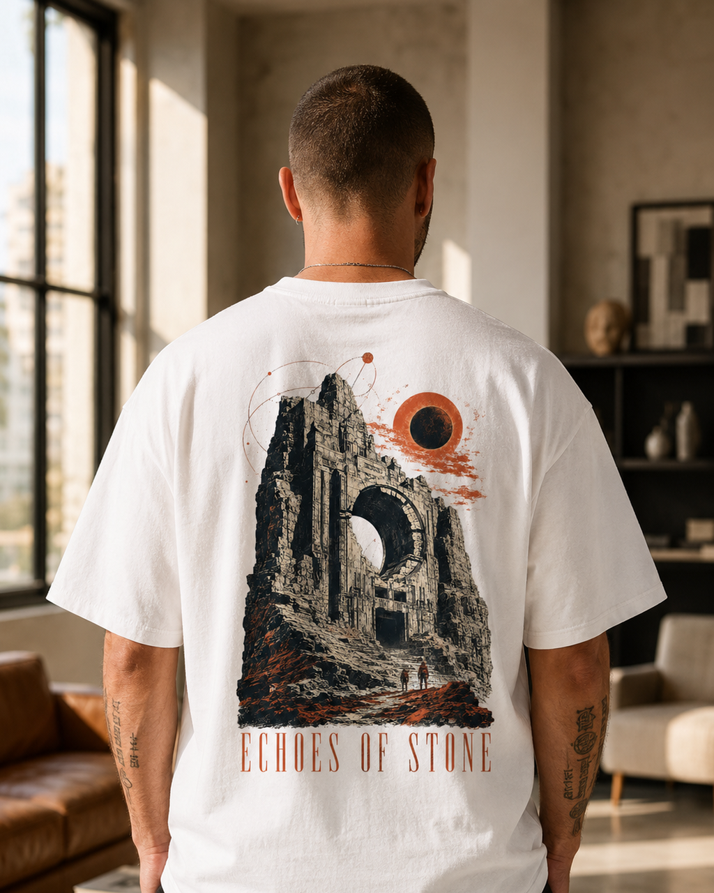 Vintage Ruins Graphic T-Shirt – Echoes of Stone Eclipse Back Print Tee
