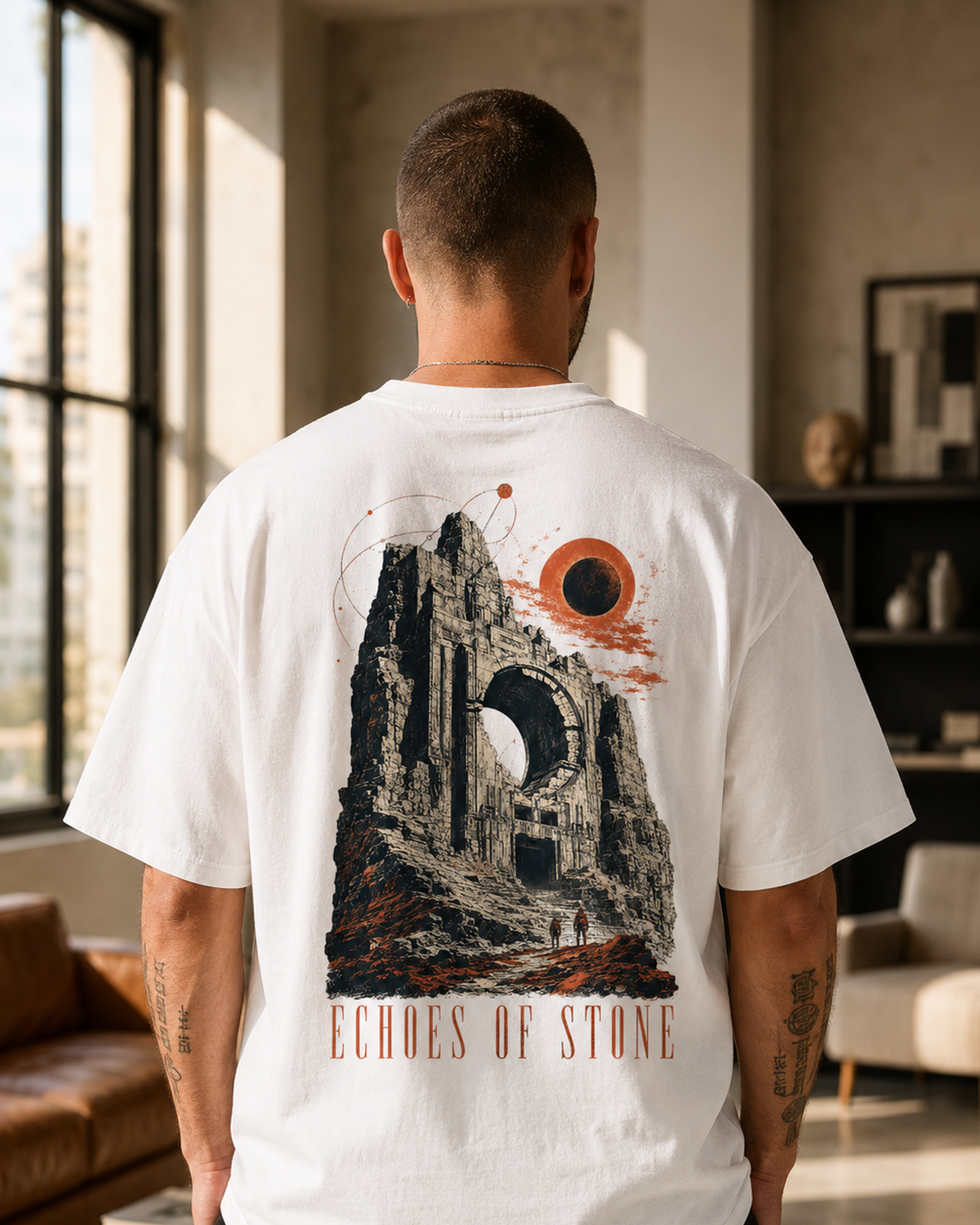 Vintage Ruins Graphic T-Shirt – Echoes of Stone Eclipse Back Print Tee