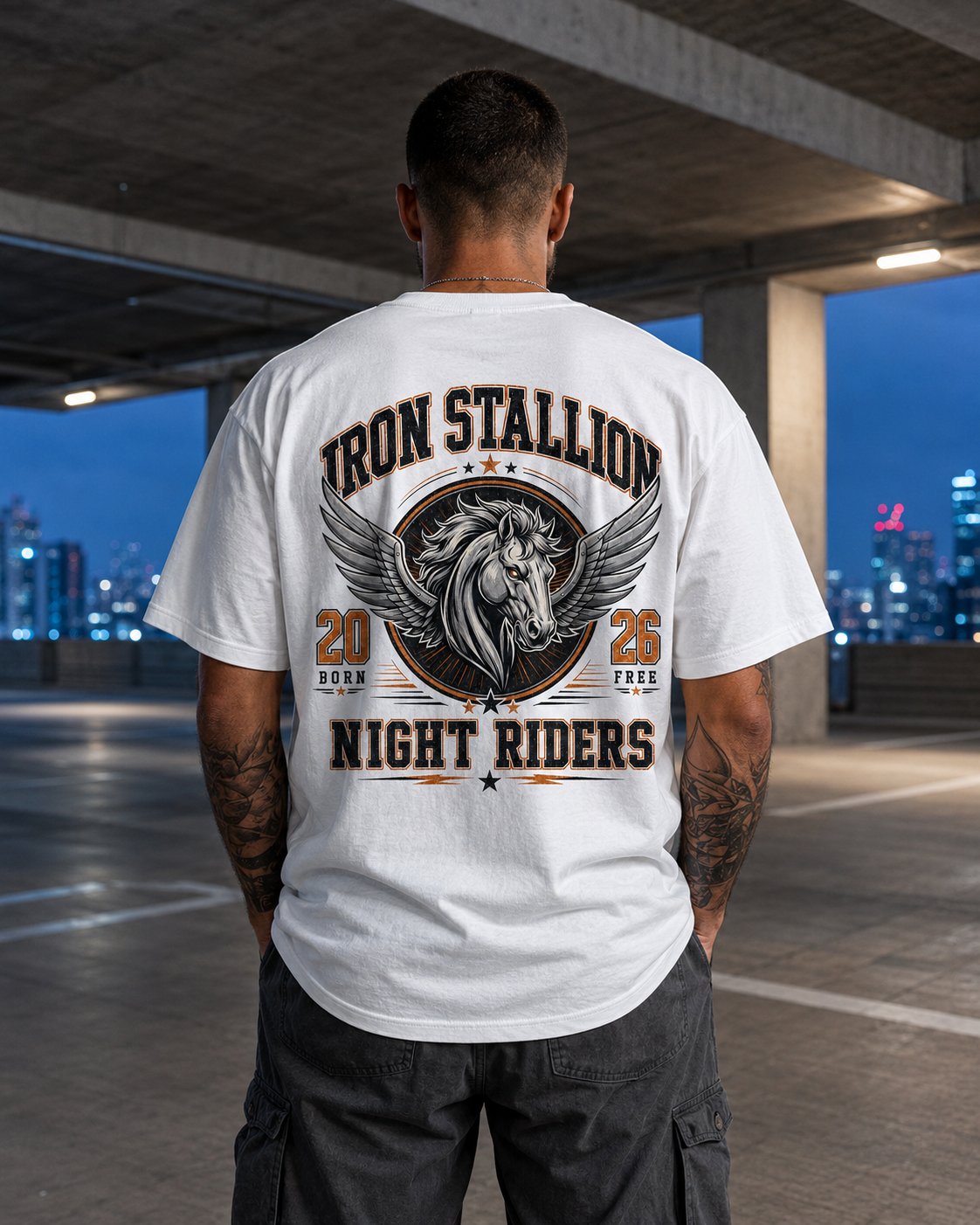 Iron Stallion winged horse graphic t-shirt - back print view