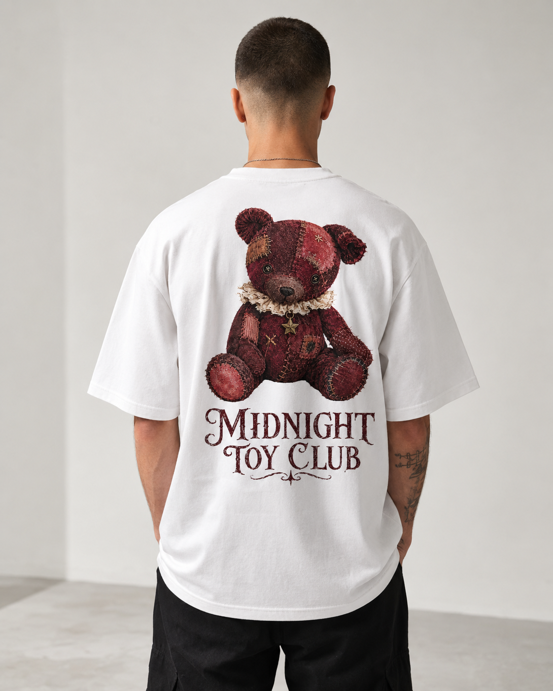Midnight Toy Club teddy bear graphic t-shirt - back print view