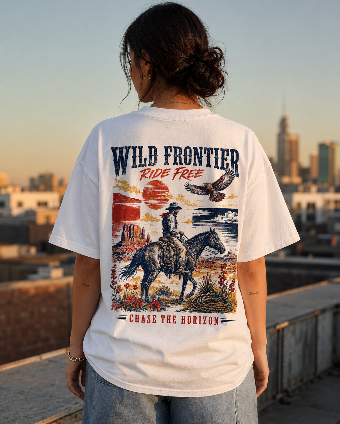 Wild Frontier Cowboy Graphic T-Shirt – Vintage Western Oversized Tee