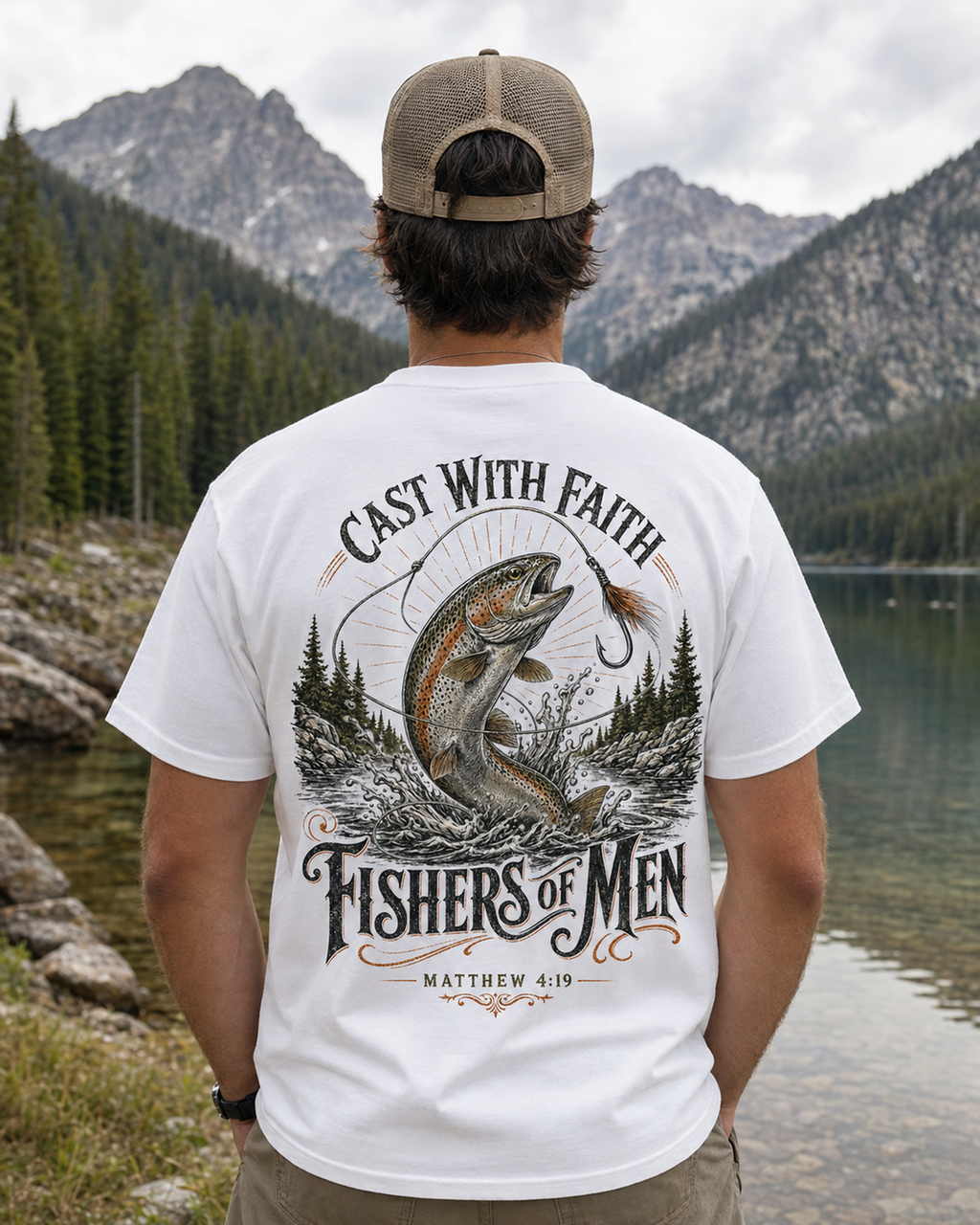 Cast With Faith Christian fishing graphic t-shirt - detail view