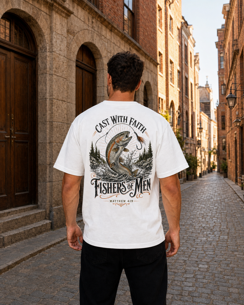 Cast With Faith Christian fishing graphic t-shirt - detail view