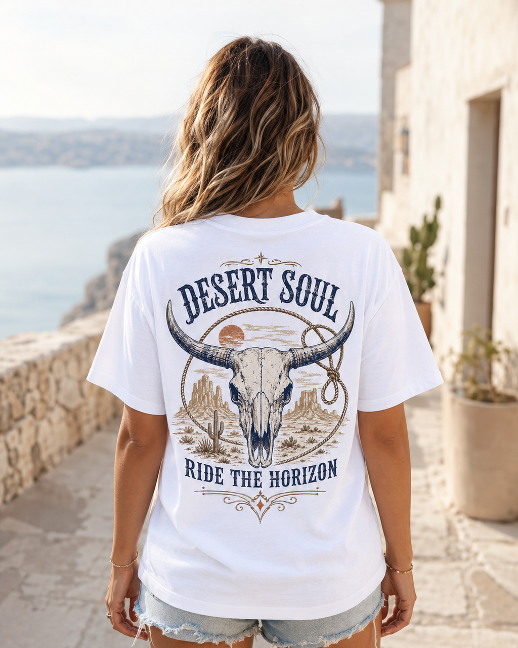 Desert Soul Western longhorn skull graphic t-shirt - detail view