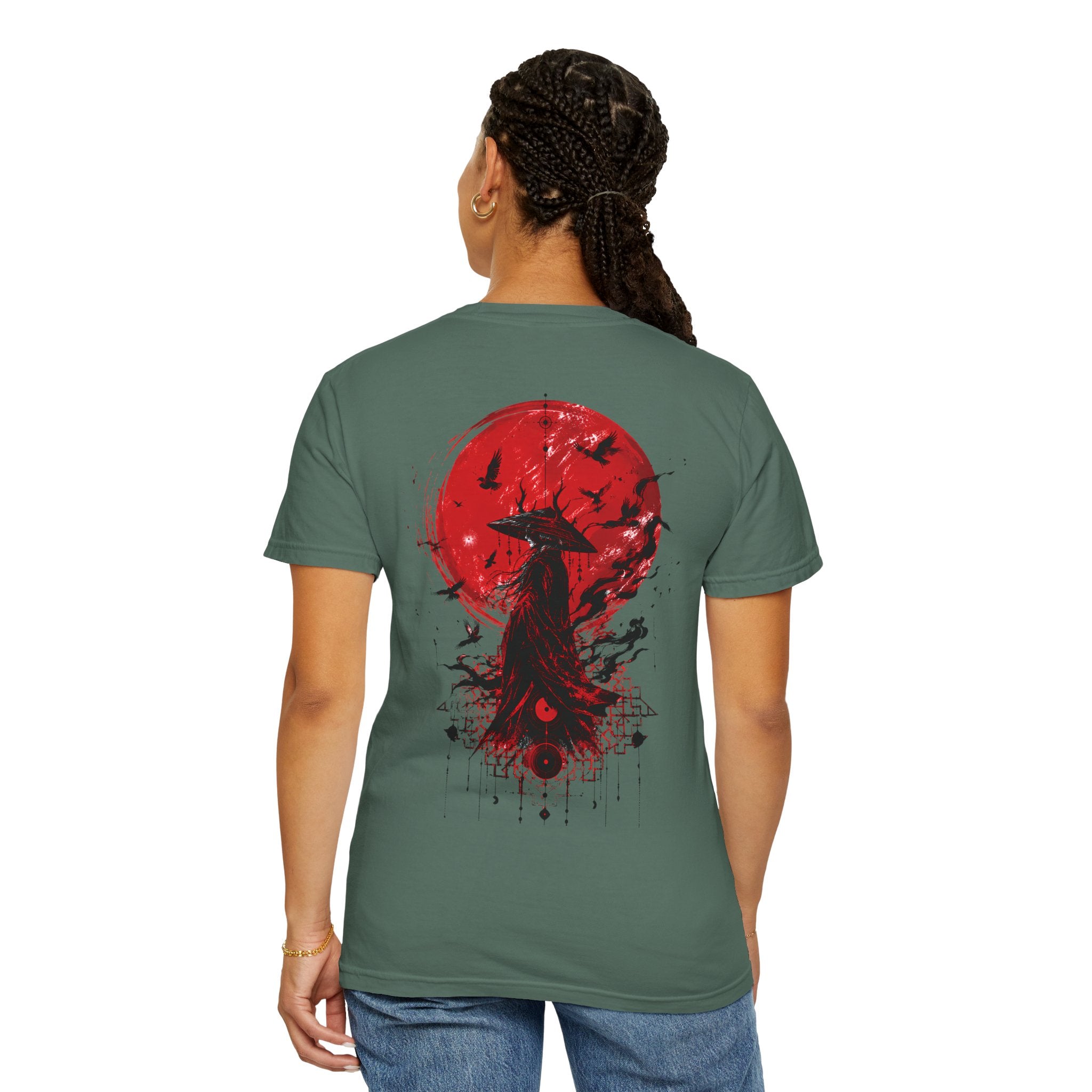 Japanese samurai red moon graphic t-shirt - product photo 45