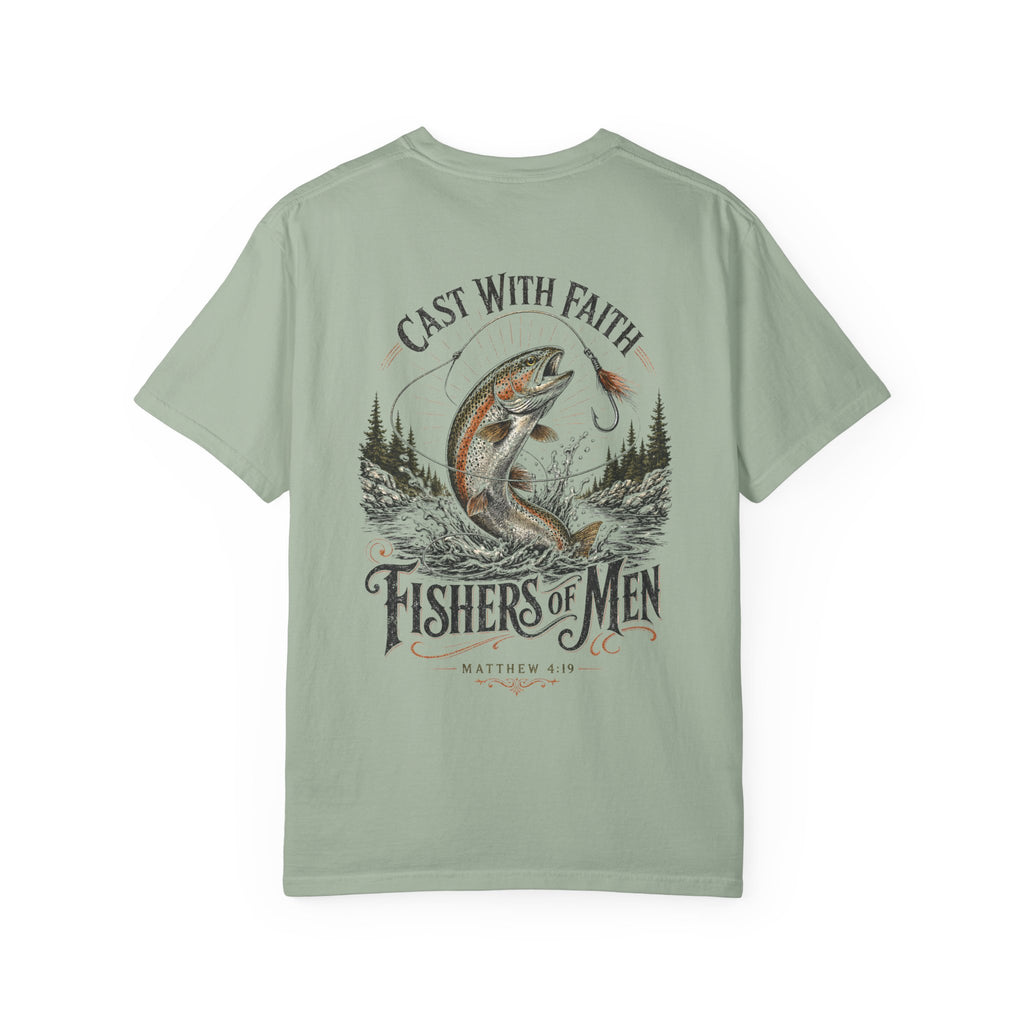Cast With Faith Christian fishing graphic t-shirt - model wearing back view