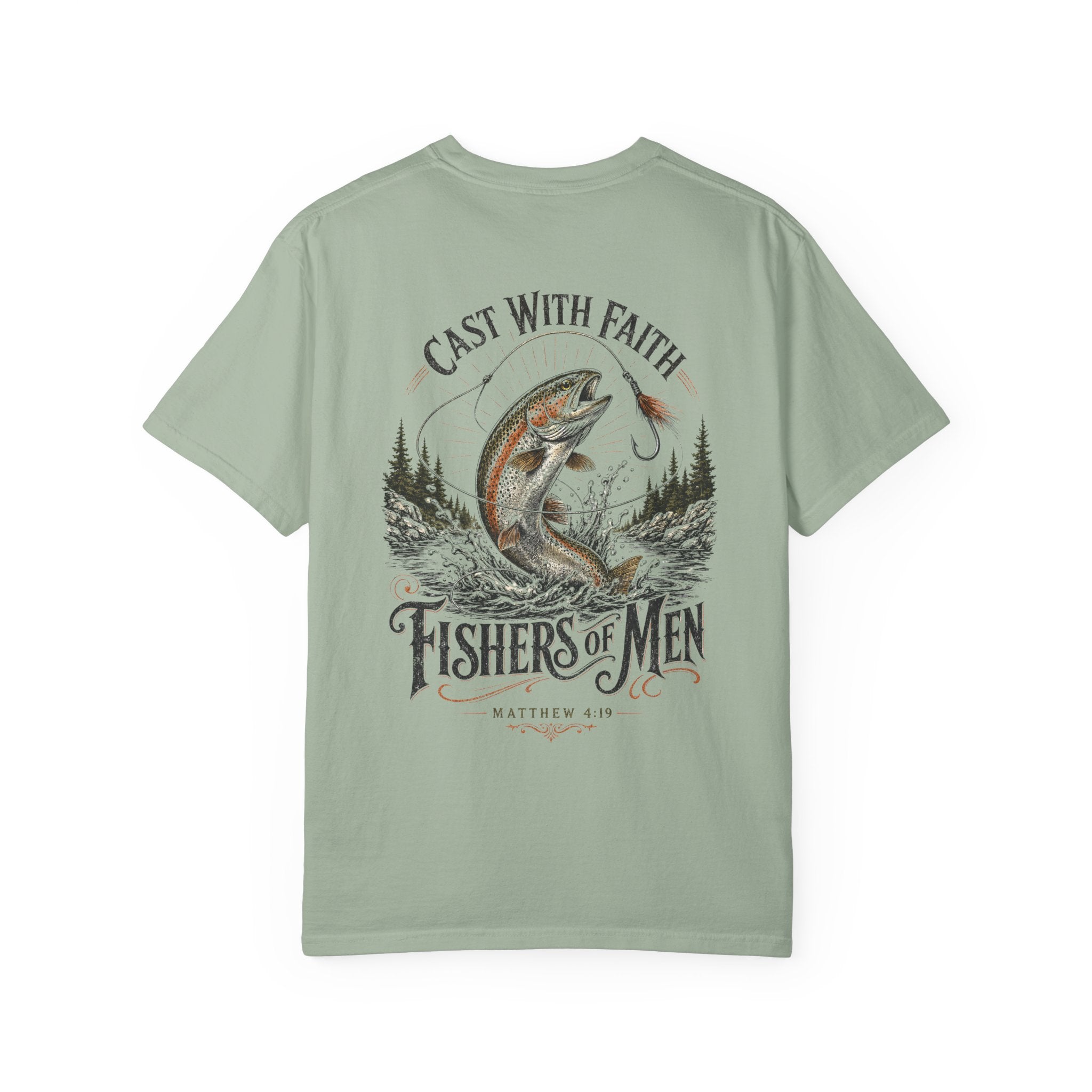 Cast With Faith Christian fishing graphic t-shirt - model wearing back view