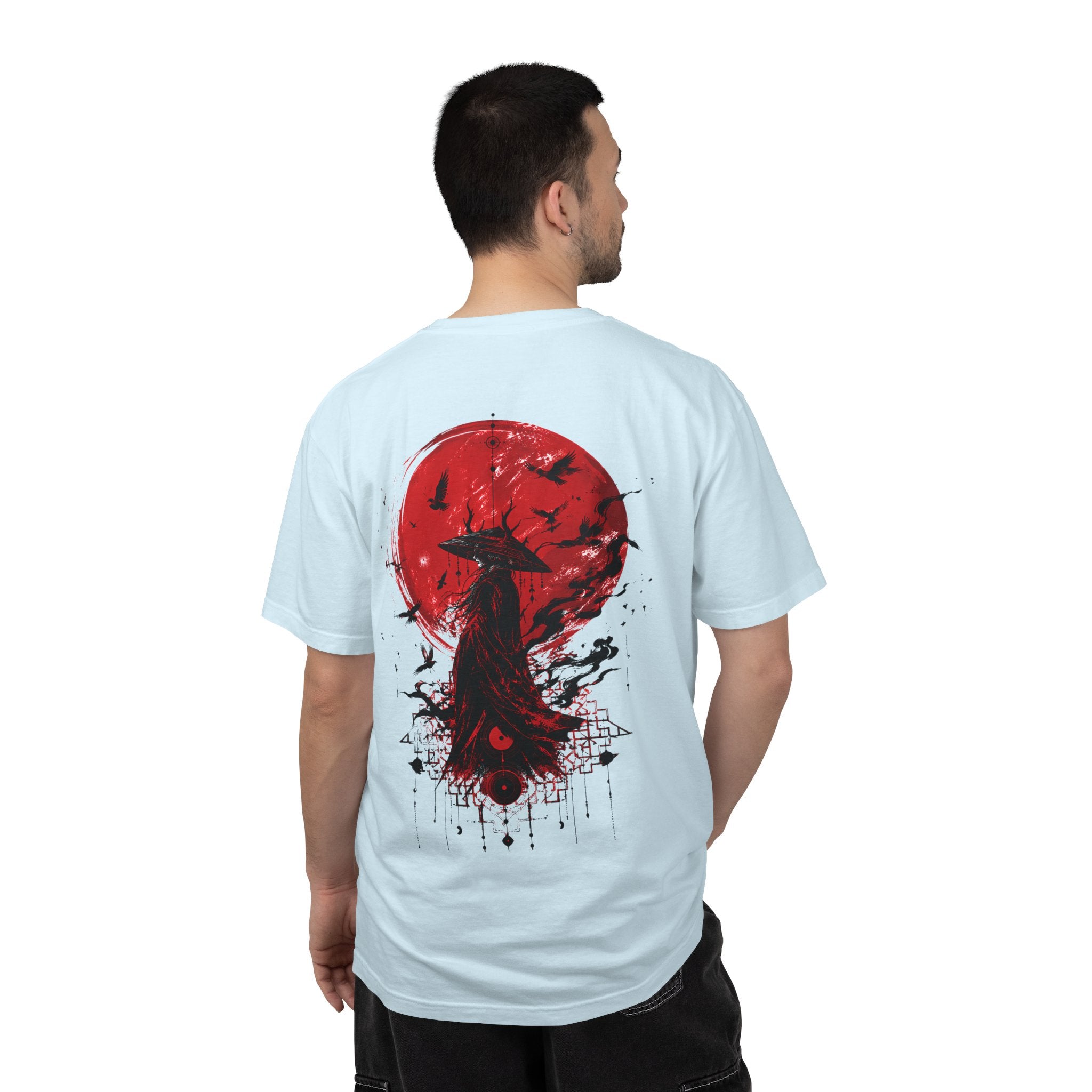 Japanese samurai red moon graphic t-shirt - product photo 32