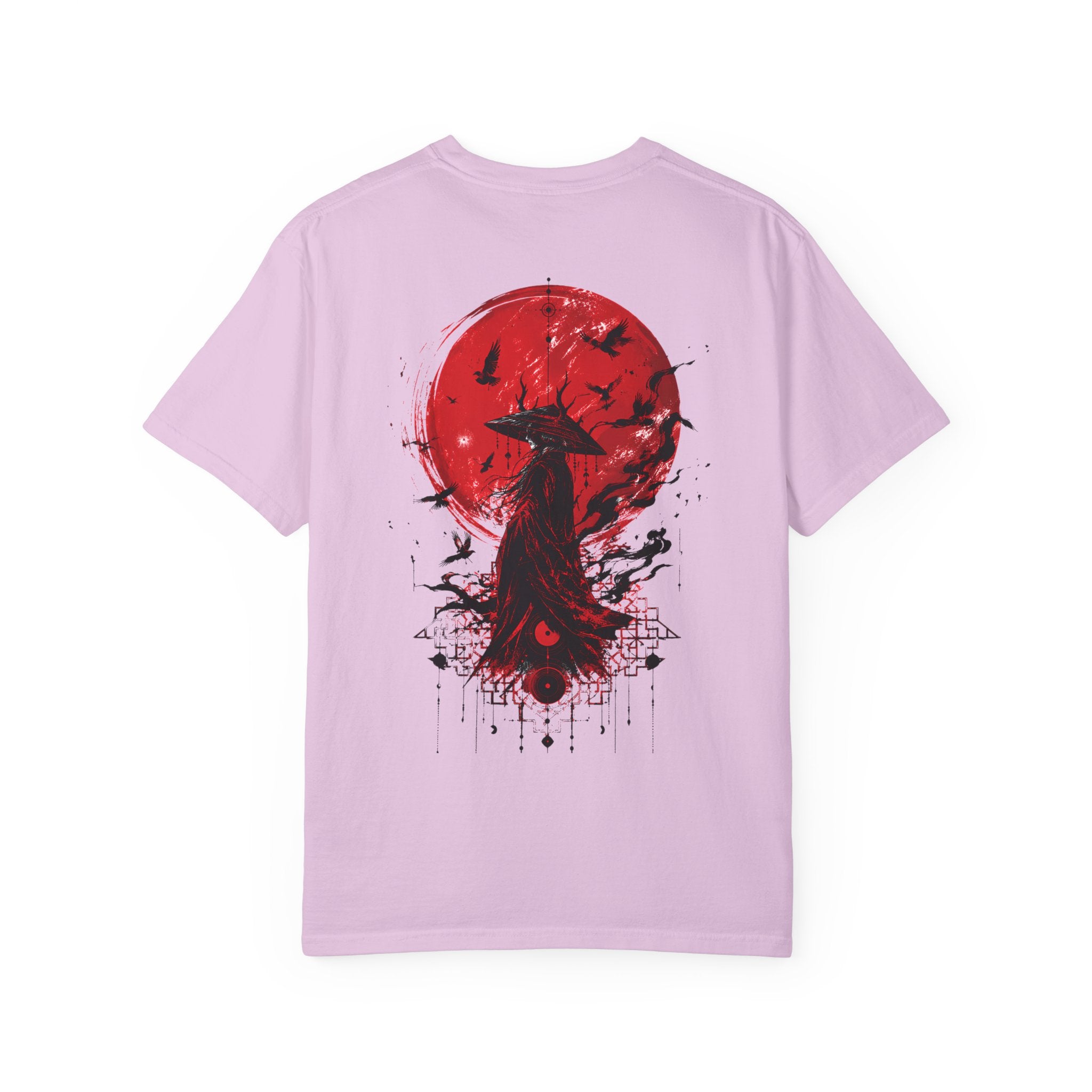 Japanese samurai red moon graphic t-shirt - close-up detail