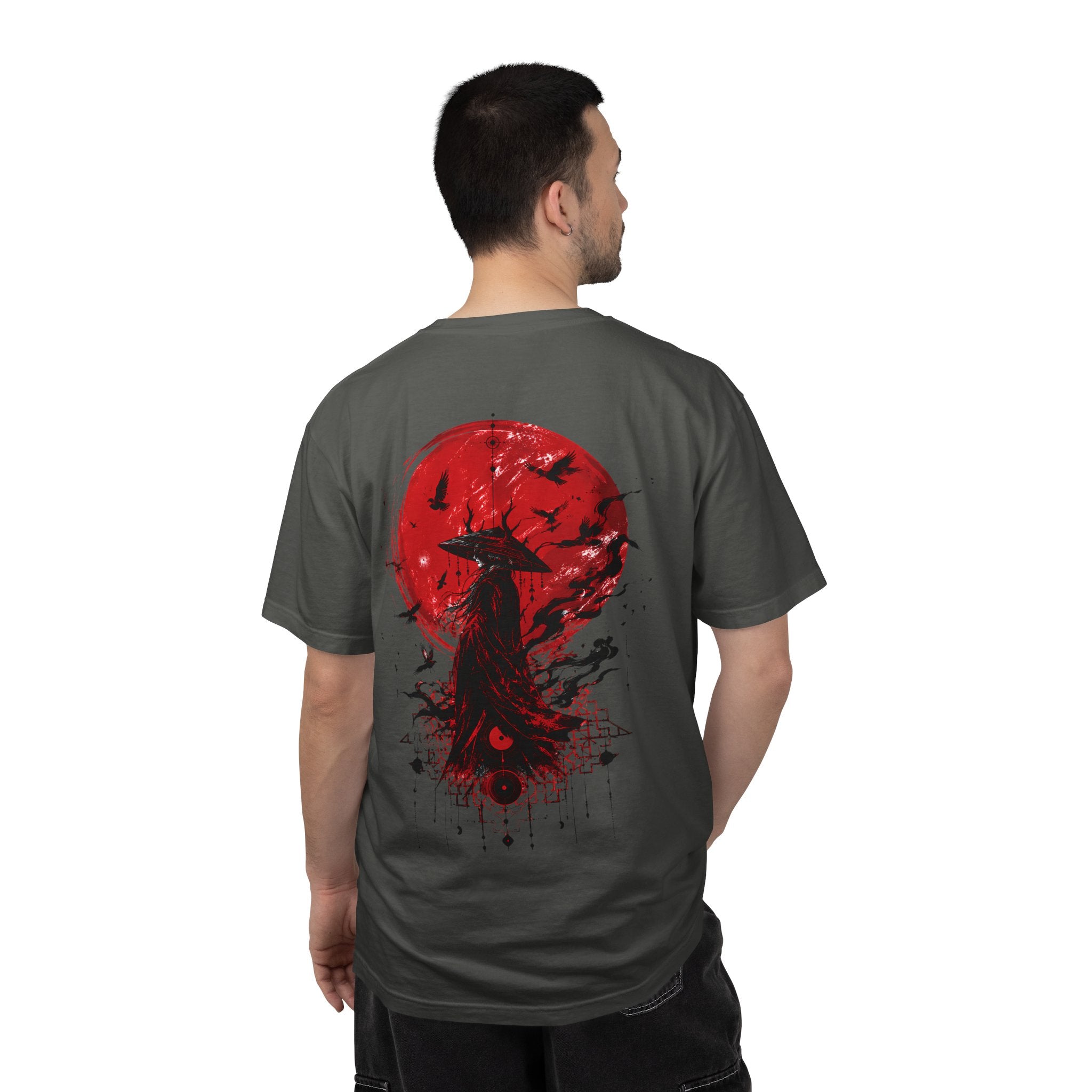 Japanese samurai red moon graphic t-shirt - product photo 26
