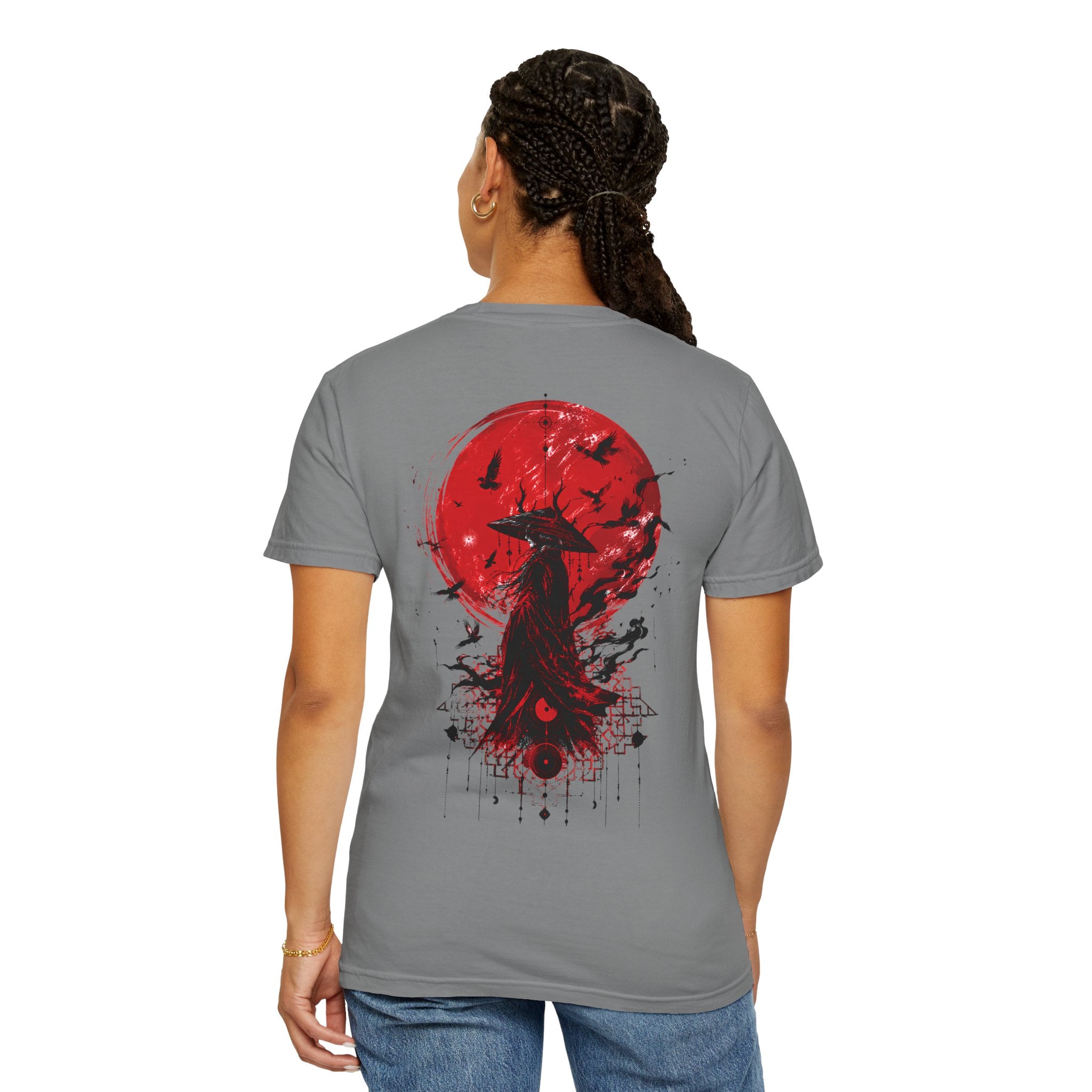 Japanese samurai red moon graphic t-shirt - product photo 29