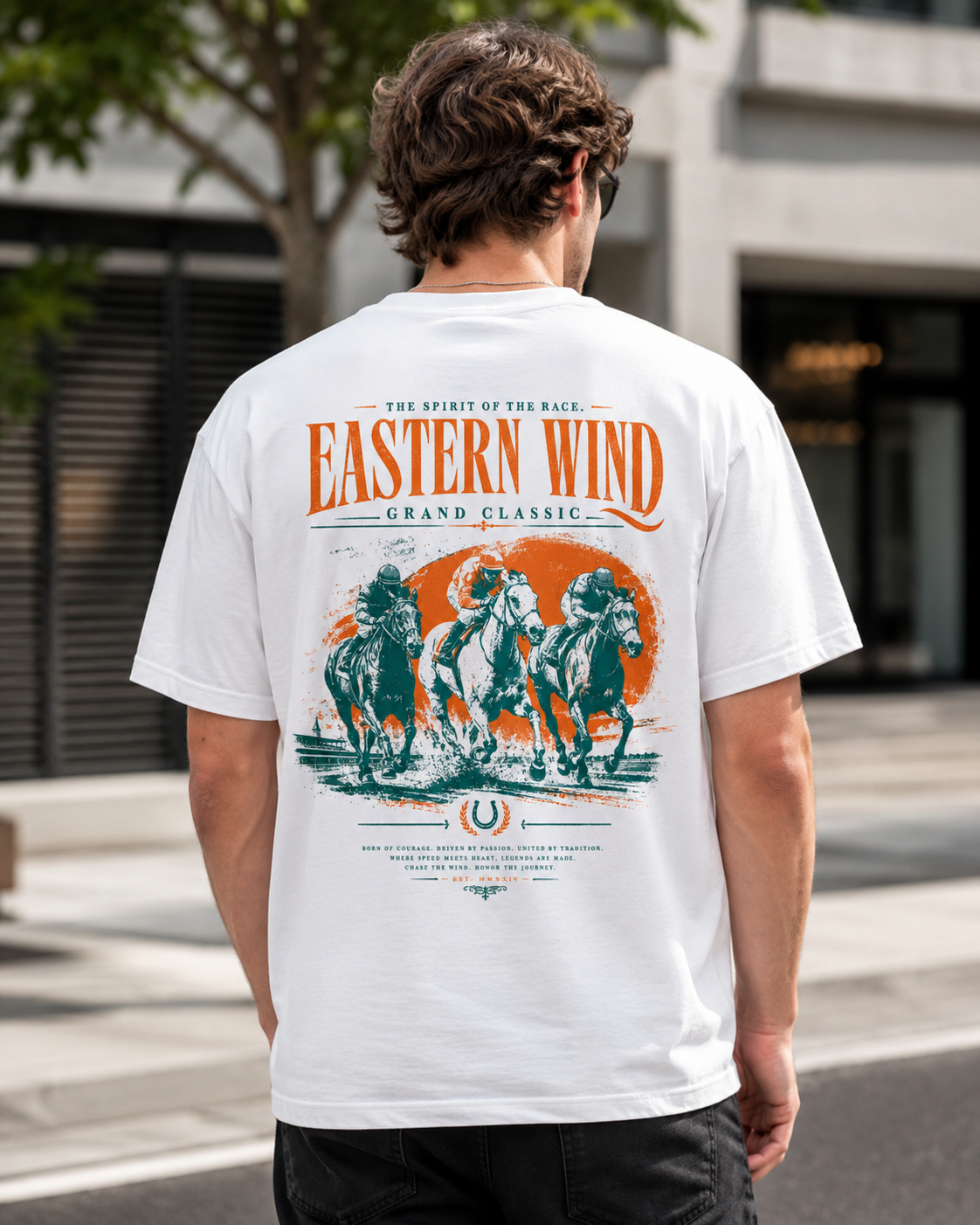 Eastern Wind Grand Classic horse racing graphic t-shirt - back print view